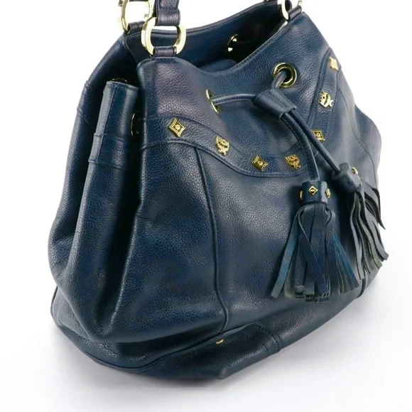 MCM BLUE LEATHER DRAWSTRING TOTE BAG WITH TASSEL & STUD DECORATIONS Totes